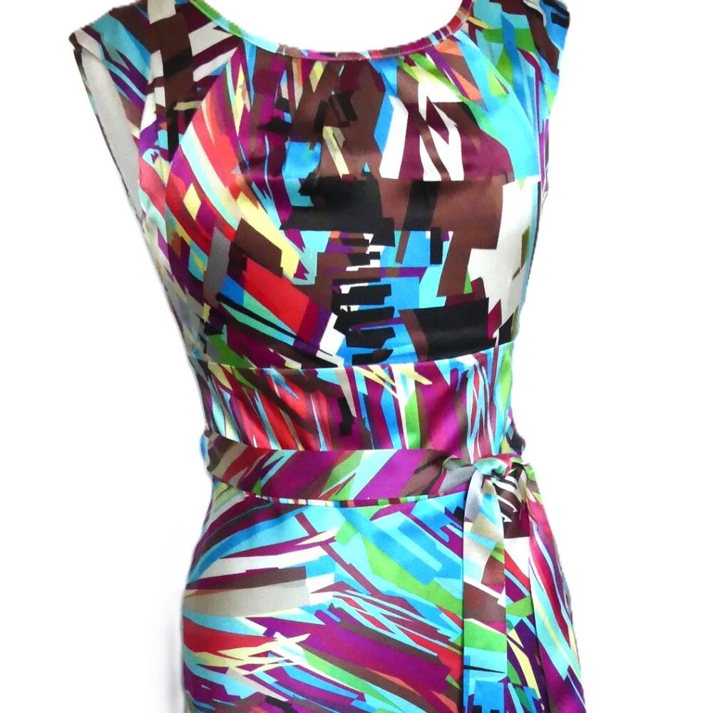Vintage Rene Lezard 100% Silk Graphic Colorful Dress w/Belt USA Size 4